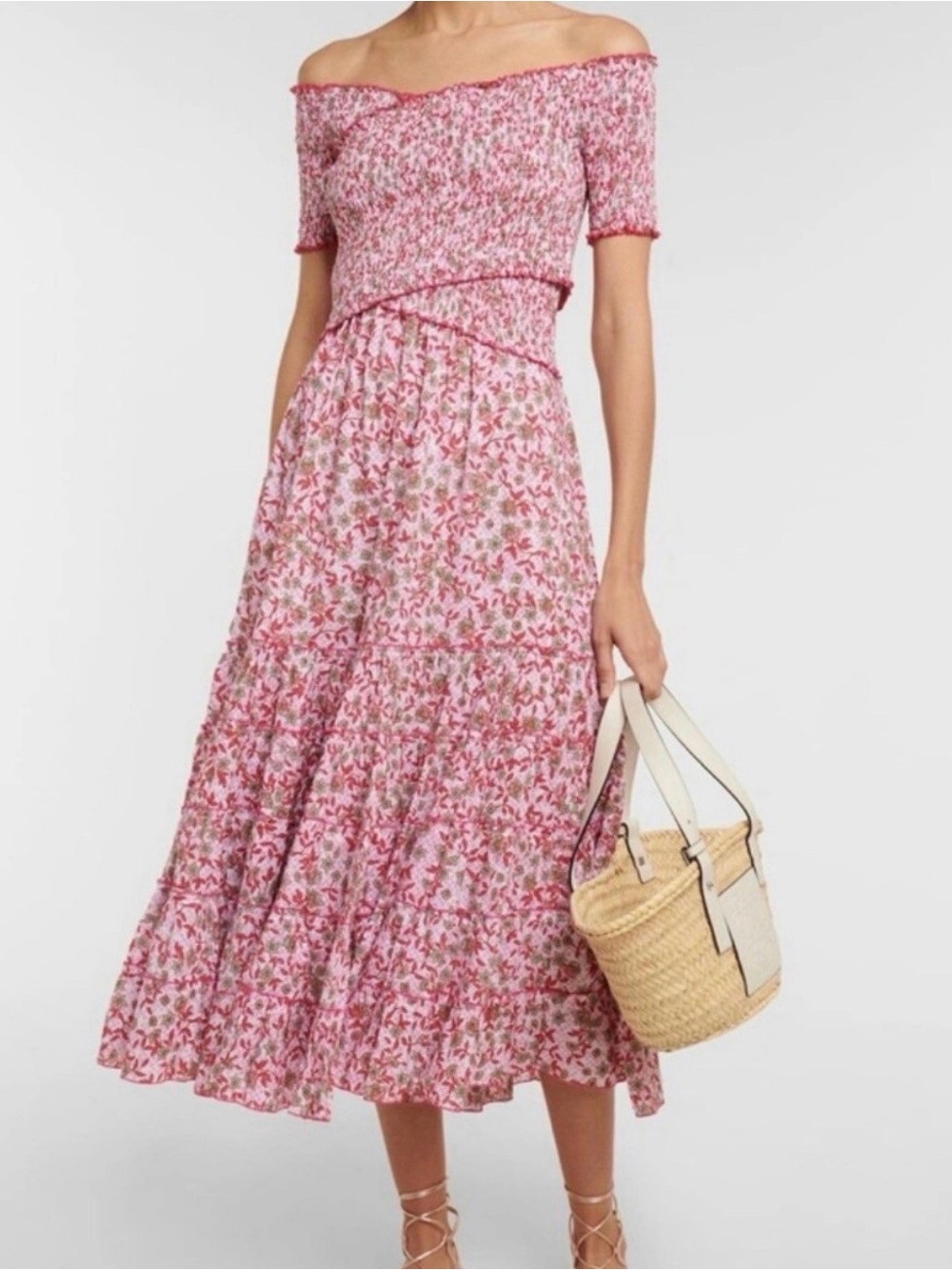 NEW WITH TAGS $420 Poupette St Barth Soledad Floral MIDI Dress Pink Dana Size L